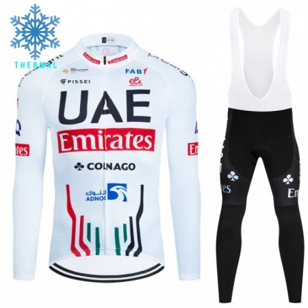 Set Fietsshirt Lange Mouw + Lange Koersbroek 2024 UAE TEAM EMIRATES Winter Thermal Fleece Wit